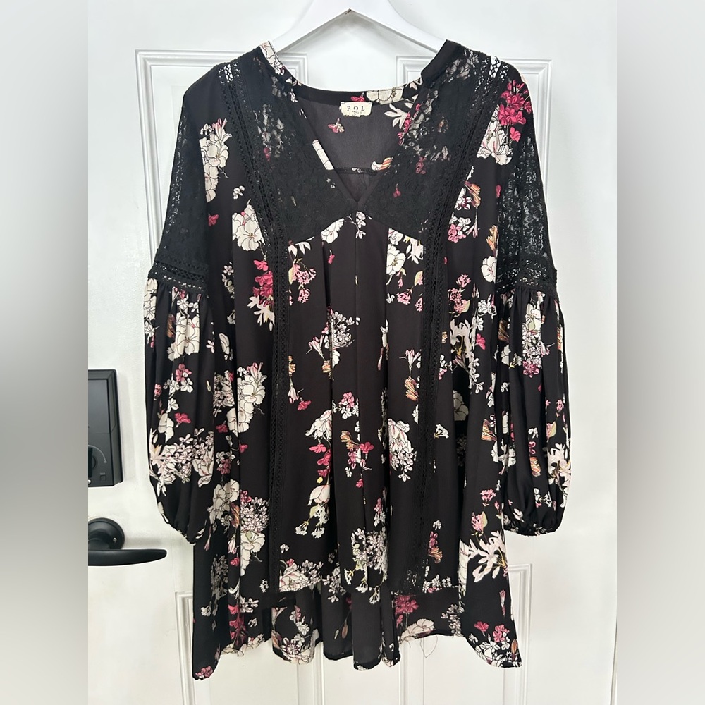 POL Black Floral Mini Dress with Lace Trim